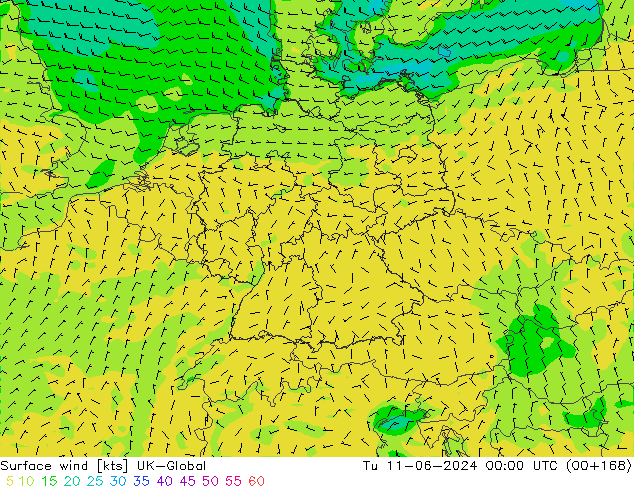 Surface wind UK-Global Tu 11.06.2024 00 UTC