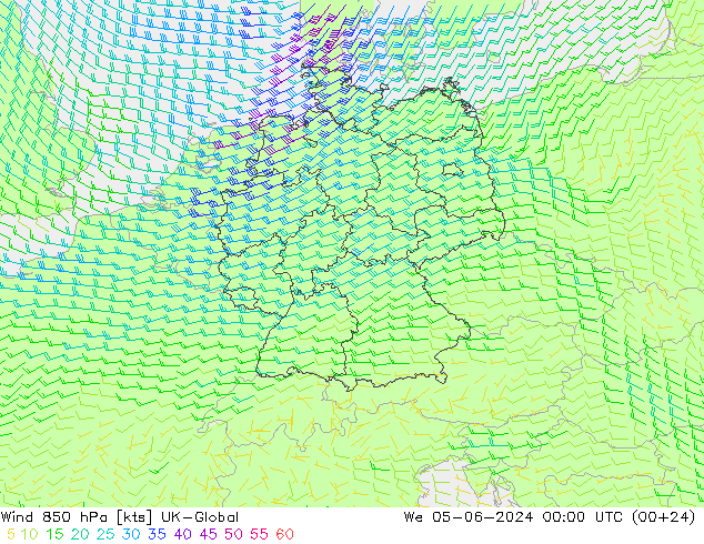 Wind 850 hPa UK-Global We 05.06.2024 00 UTC