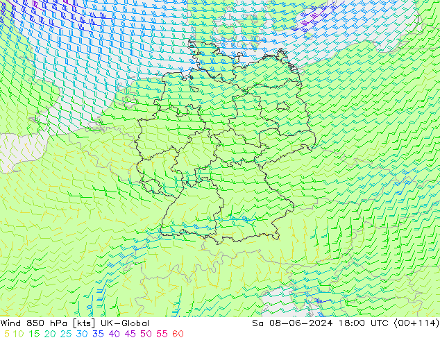 Wind 850 hPa UK-Global So 08.06.2024 18 UTC