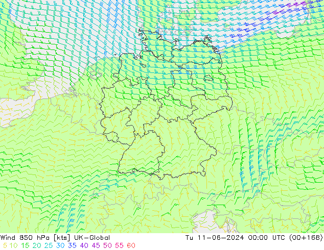 Wind 850 hPa UK-Global Tu 11.06.2024 00 UTC