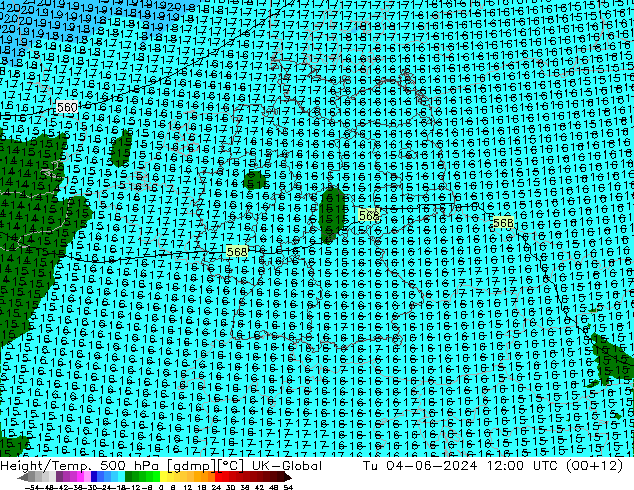 Height/Temp. 500 hPa UK-Global Tu 04.06.2024 12 UTC