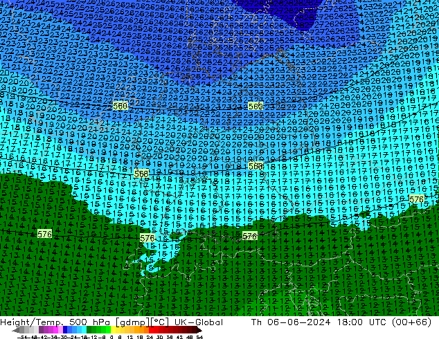 Height/Temp. 500 hPa UK-Global Th 06.06.2024 18 UTC