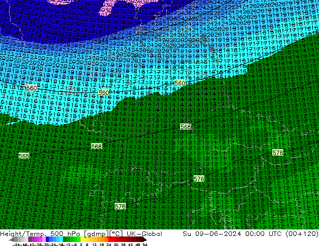 Hoogte/Temp. 500 hPa UK-Global zo 09.06.2024 00 UTC