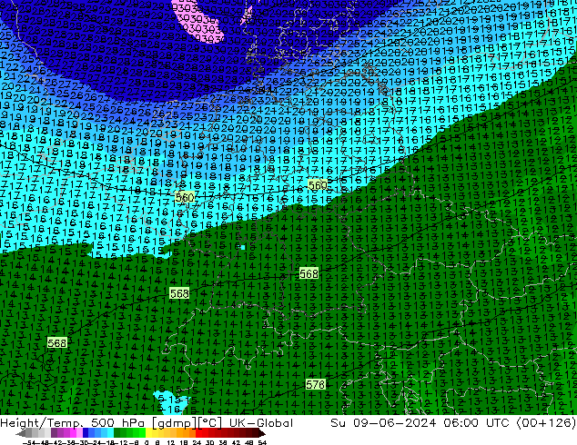 Height/Temp. 500 гПа UK-Global Вс 09.06.2024 06 UTC