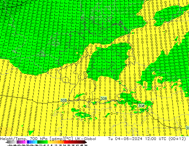 Height/Temp. 700 hPa UK-Global mar 04.06.2024 12 UTC