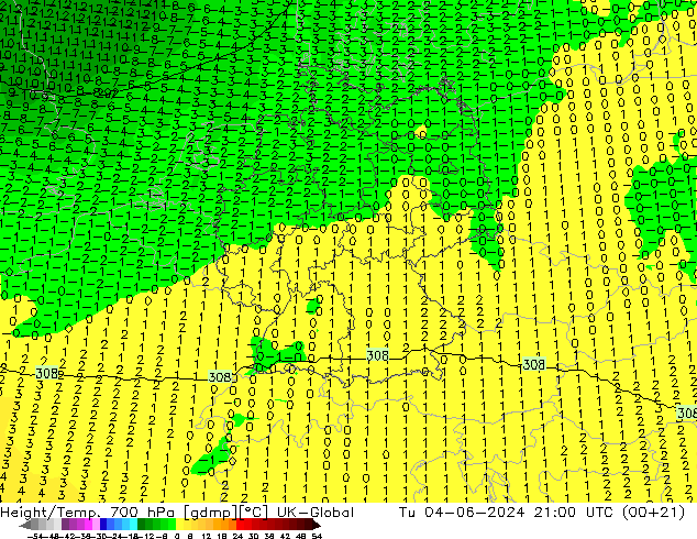 Height/Temp. 700 hPa UK-Global wto. 04.06.2024 21 UTC