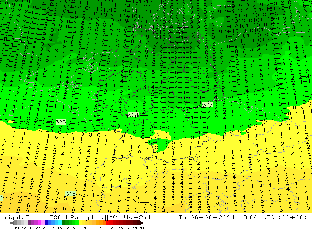 Height/Temp. 700 hPa UK-Global Th 06.06.2024 18 UTC