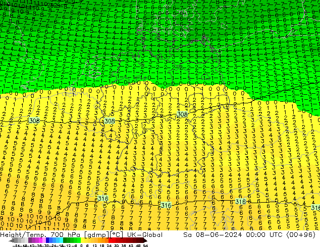 Height/Temp. 700 hPa UK-Global Sa 08.06.2024 00 UTC