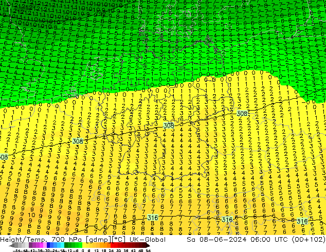 Height/Temp. 700 hPa UK-Global so. 08.06.2024 06 UTC