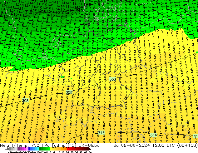 Yükseklik/Sıc. 700 hPa UK-Global Cts 08.06.2024 12 UTC