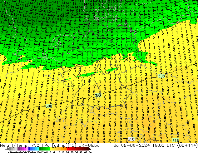 Géop./Temp. 700 hPa UK-Global sam 08.06.2024 18 UTC