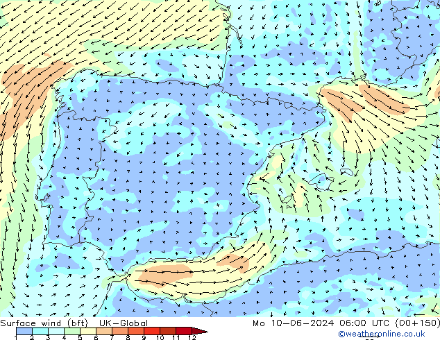 Surface wind (bft) UK-Global Po 10.06.2024 06 UTC