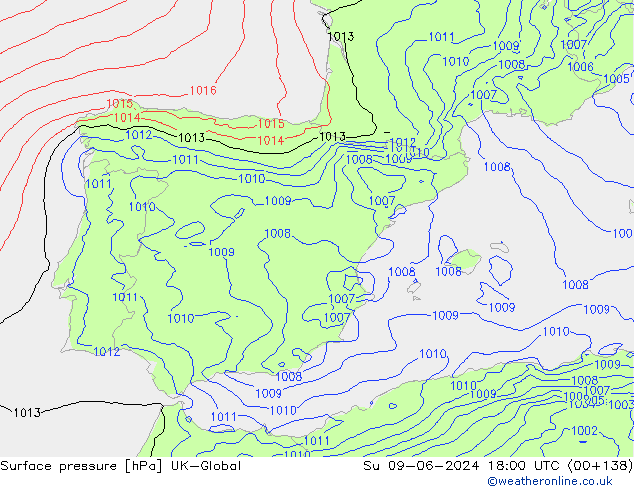 Presión superficial UK-Global dom 09.06.2024 18 UTC