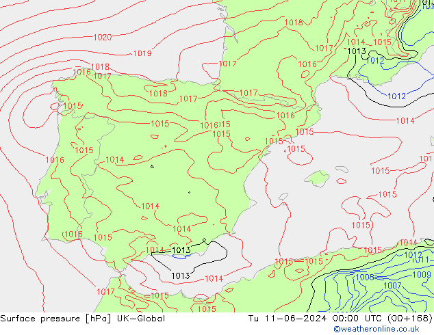 Surface pressure UK-Global Tu 11.06.2024 00 UTC