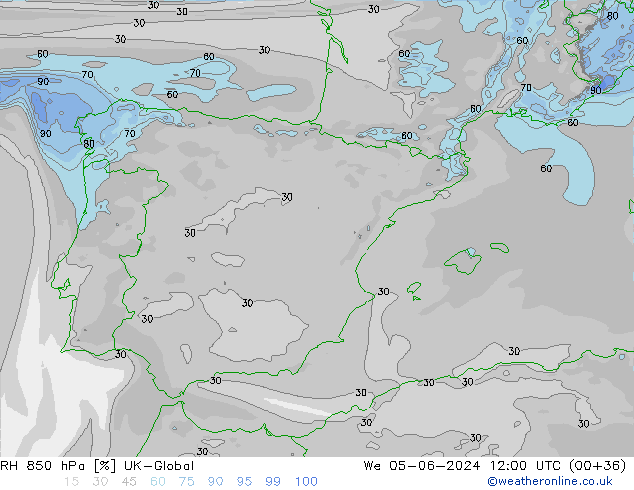 850 hPa Nispi Nem UK-Global Çar 05.06.2024 12 UTC