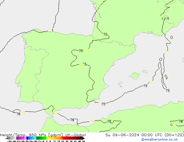 Height/Temp. 950 hPa UK-Global Dom 09.06.2024 00 UTC
