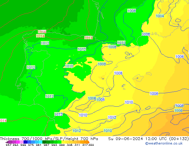 Thck 700-1000 hPa UK-Global nie. 09.06.2024 12 UTC