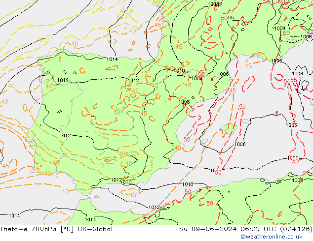Theta-e 700hPa UK-Global dim 09.06.2024 06 UTC
