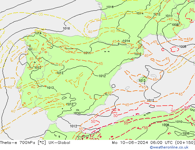Theta-e 700hPa UK-Global pon. 10.06.2024 06 UTC