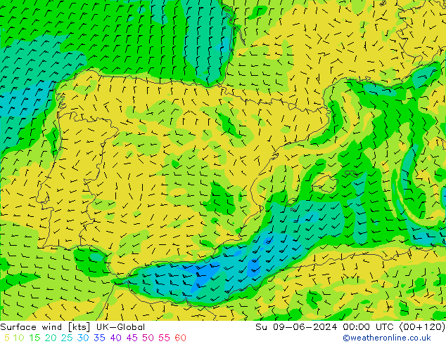 Vento 10 m UK-Global dom 09.06.2024 00 UTC