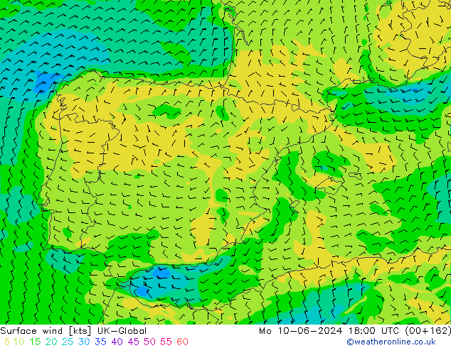 Surface wind UK-Global Mo 10.06.2024 18 UTC