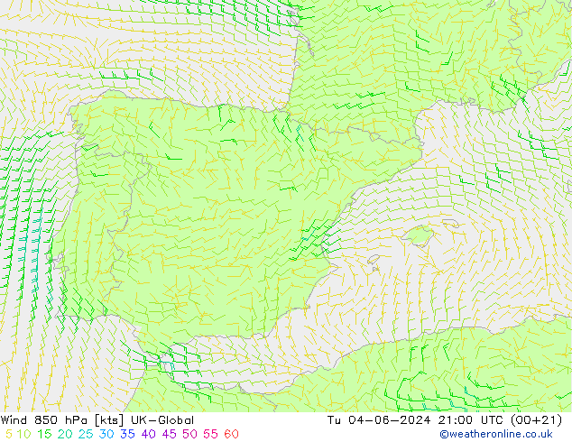 Wind 850 hPa UK-Global Út 04.06.2024 21 UTC