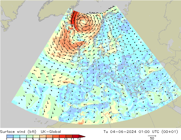 Viento 10 m (bft) UK-Global mar 04.06.2024 01 UTC