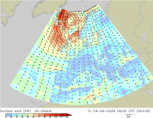 Bodenwind (bft) UK-Global Di 04.06.2024 06 UTC