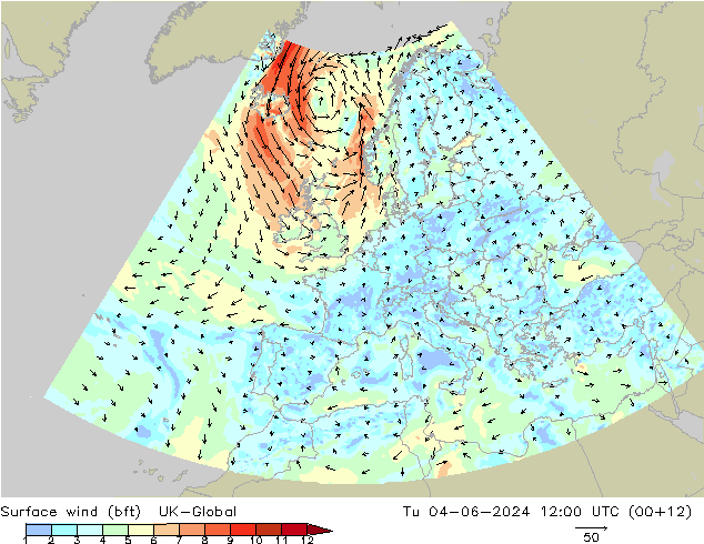 Surface wind (bft) UK-Global Tu 04.06.2024 12 UTC