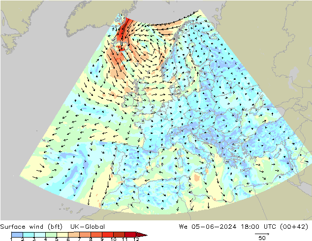 Surface wind (bft) UK-Global St 05.06.2024 18 UTC