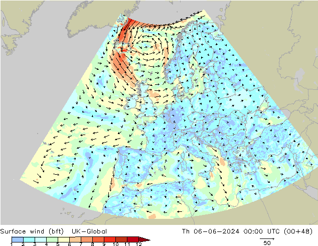 Surface wind (bft) UK-Global Th 06.06.2024 00 UTC