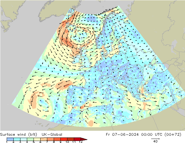 Vento 10 m (bft) UK-Global Sex 07.06.2024 00 UTC