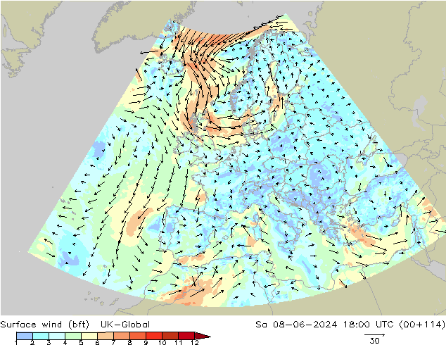 Surface wind (bft) UK-Global Sa 08.06.2024 18 UTC