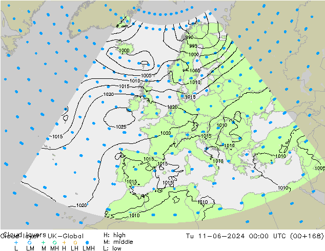 Wolkenschichten UK-Global Di 11.06.2024 00 UTC