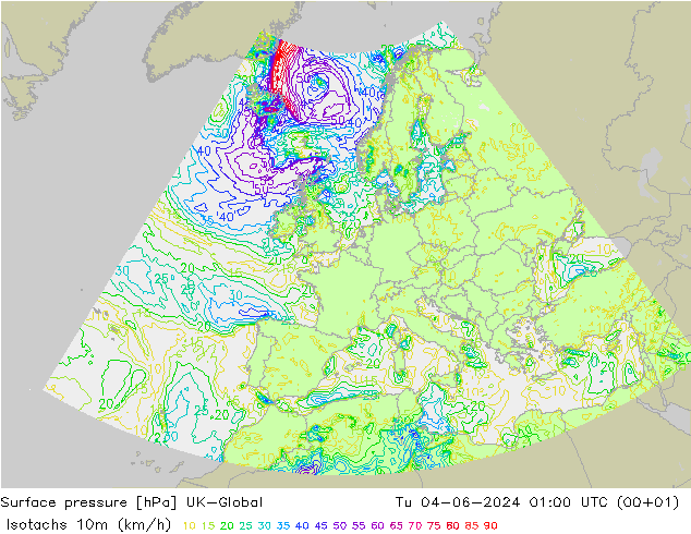 Isotachs (kph) UK-Global Tu 04.06.2024 01 UTC