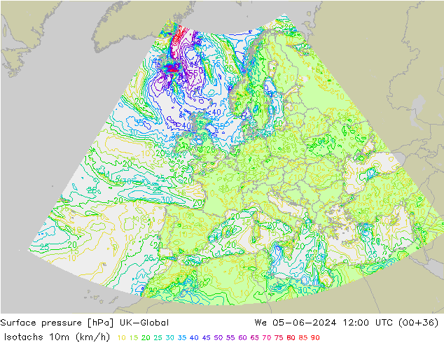 Eşrüzgar Hızları (km/sa) UK-Global Çar 05.06.2024 12 UTC