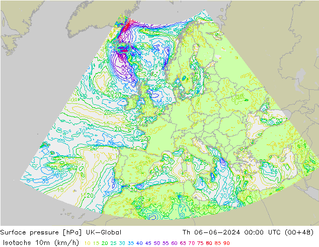 Isotachen (km/h) UK-Global do 06.06.2024 00 UTC