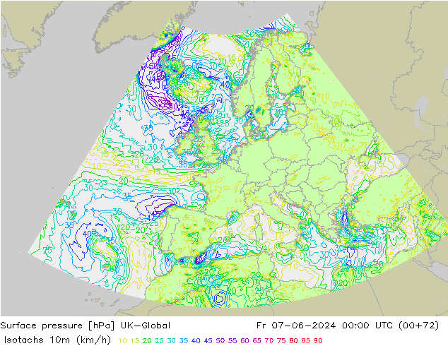 Isotachen (km/h) UK-Global Fr 07.06.2024 00 UTC