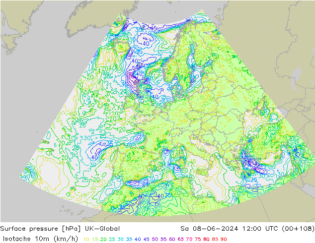 Isotachs (kph) UK-Global  08.06.2024 12 UTC