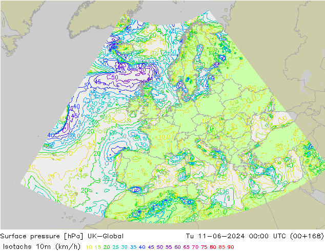 Isotachs (kph) UK-Global mar 11.06.2024 00 UTC