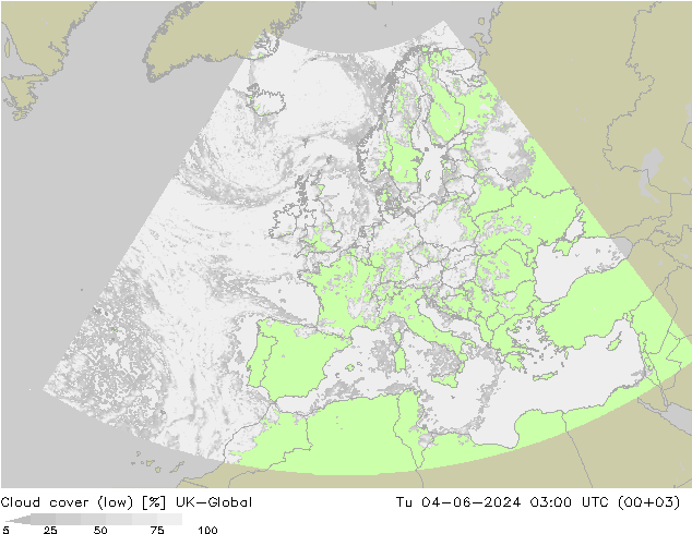 Cloud cover (low) UK-Global Tu 04.06.2024 03 UTC