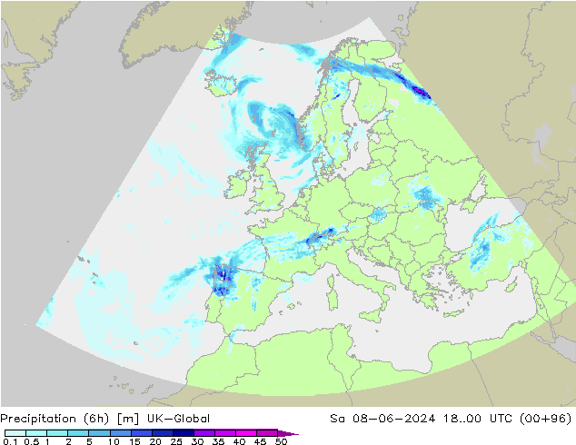 Precipitazione (6h) UK-Global sab 08.06.2024 00 UTC