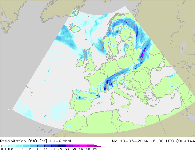 Precipitation (6h) UK-Global Mo 10.06.2024 00 UTC