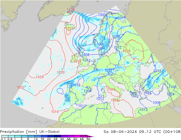 Precipitación UK-Global sáb 08.06.2024 12 UTC