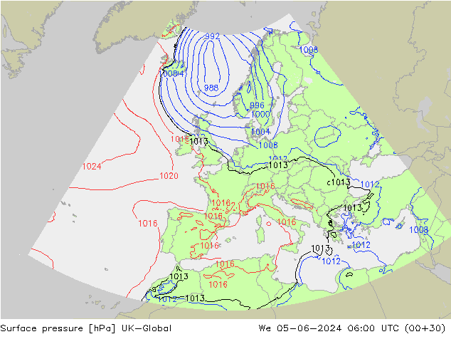 Atmosférický tlak UK-Global St 05.06.2024 06 UTC