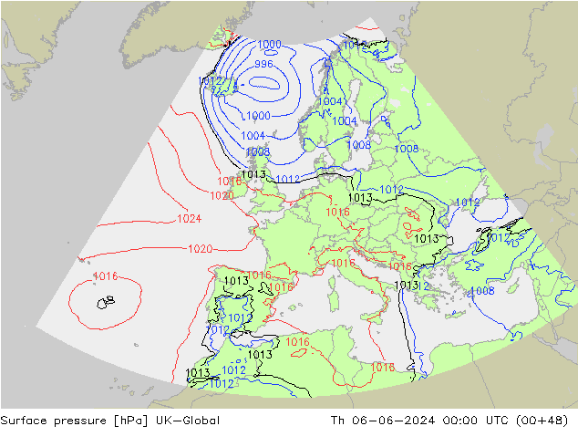 Pressione al suolo UK-Global gio 06.06.2024 00 UTC