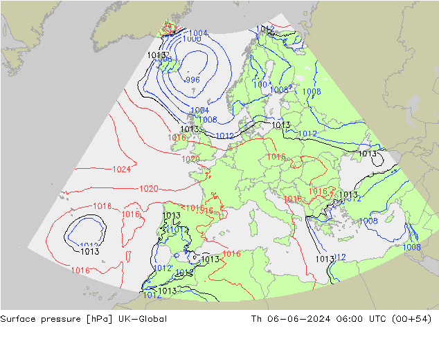 Pressione al suolo UK-Global gio 06.06.2024 06 UTC