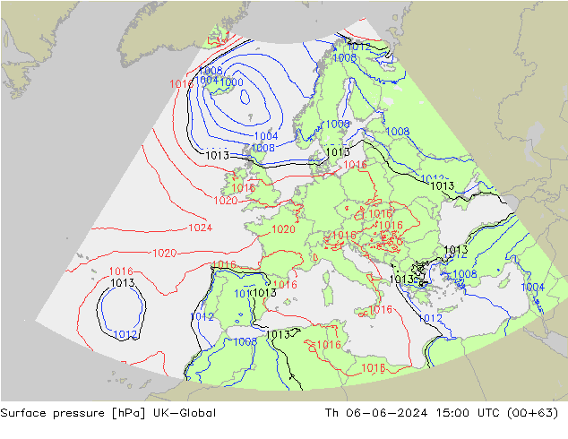 Presión superficial UK-Global jue 06.06.2024 15 UTC