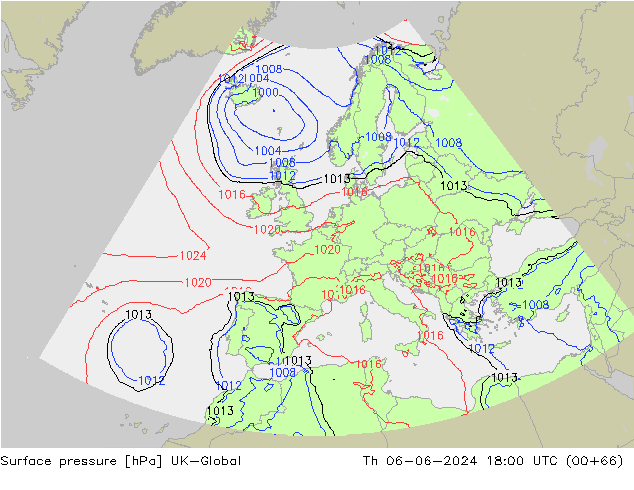 Pressione al suolo UK-Global gio 06.06.2024 18 UTC