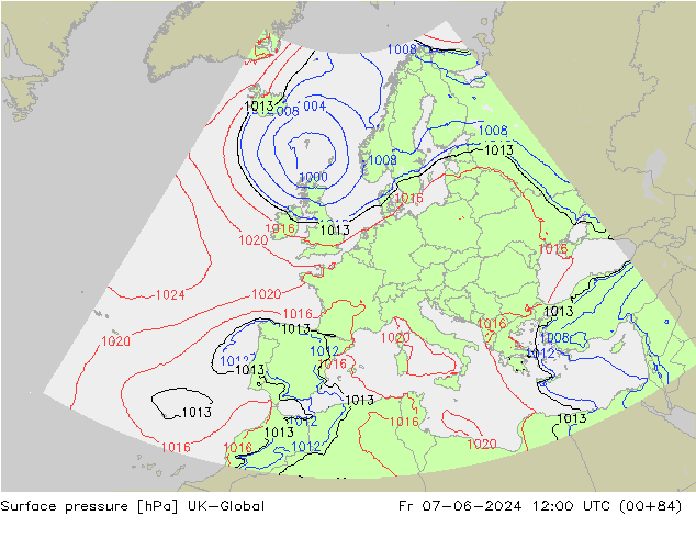 Pressione al suolo UK-Global ven 07.06.2024 12 UTC